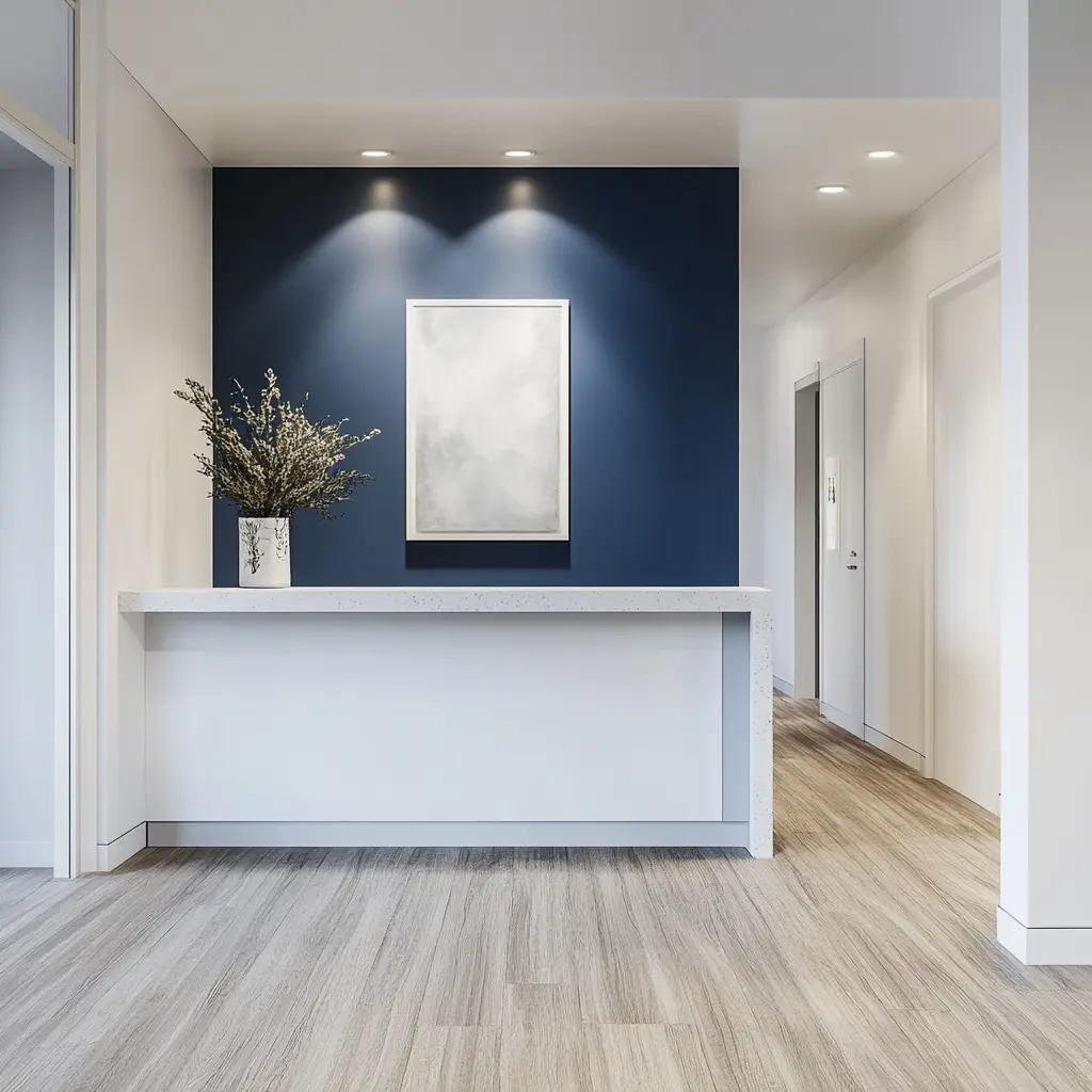 Contemporary Modern Nurse Station Design: All-White with Inky Blue Accents An all-white nurse station with inky blue accent paint in a skilled nursing facility.
